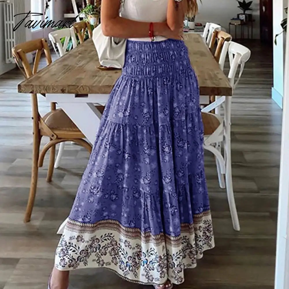 Elastic Waist Women Midi Loose Skirts Casual Female Holiday High Waist Print Skirts Streetwear Vintage Long Skirt With Ruffles