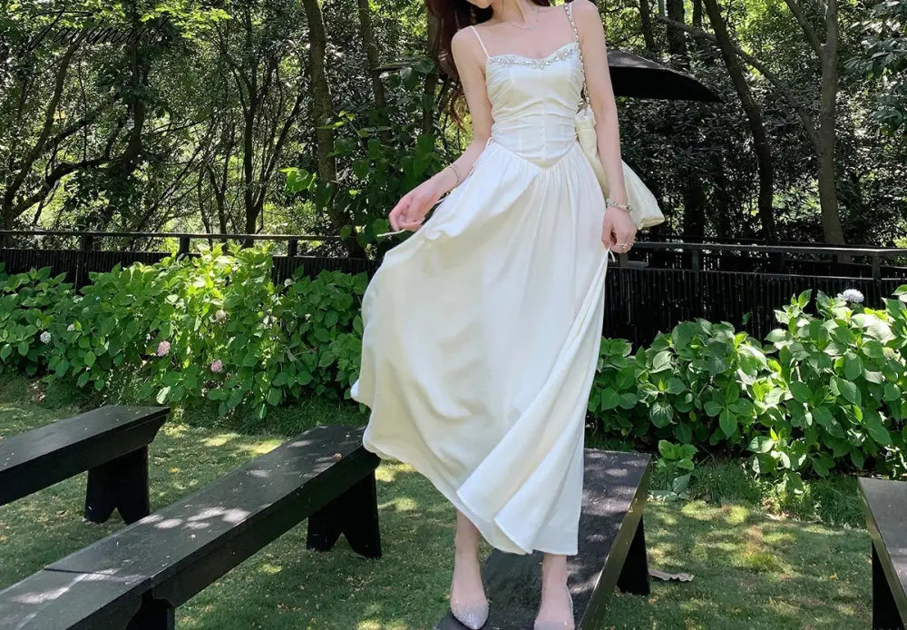 Elegant Dresses for Women Sleeveless Party French Style Dress Fairycore Folds Midi Spaghetti Strap New Spring Summer Dress