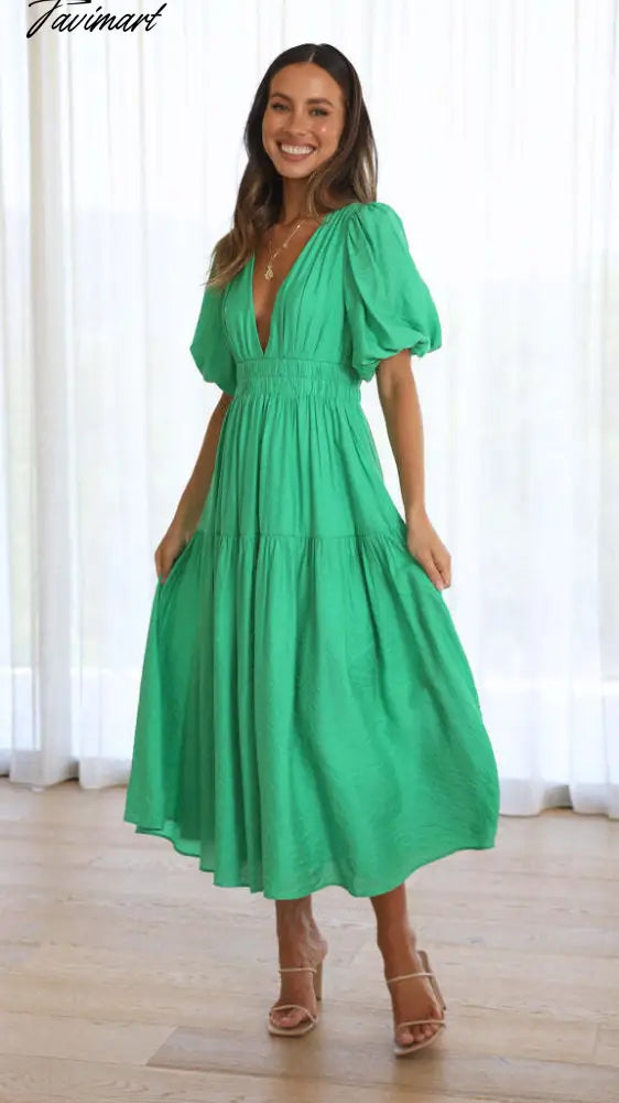 Elegant Fashion Deep V-neck Dresses for Summer Women Dress New Skinny Short Puff Sleeve Solid Midi Dress for Female
