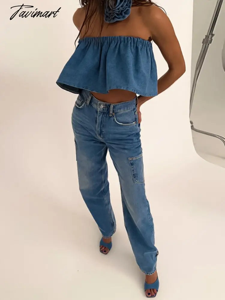 Elegant Fashion Summer Strapless Crop Tops for Women Summer Solid Blue Flower Loose Evening Party Denim Tank Top Streetwear