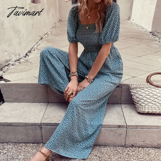 Elegant floral print jumpsuit for Summer Women Rompers New Square Neck Elastic Short Puff Sleeves Wide Leg jumpsuit