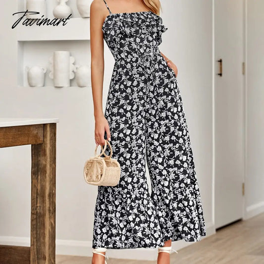 Elegant Floral Strap Jumpsuit for Summer Women Rompers New Sexy Sleeveless Ruffle High Waist Strap Print Jumpsuits