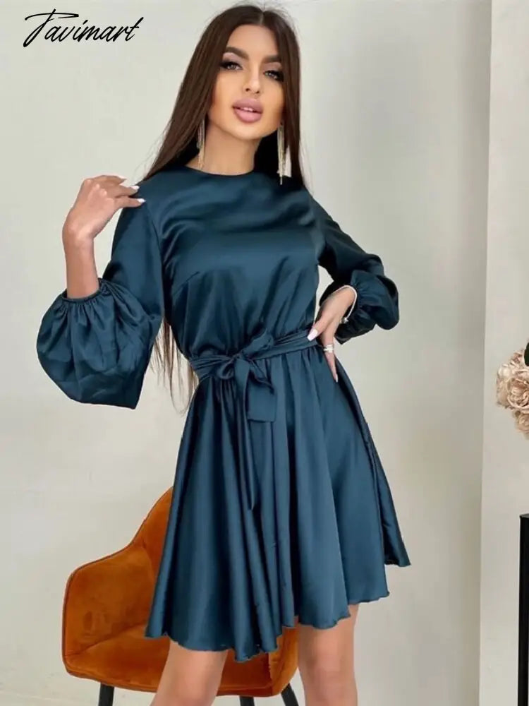 Elegant Lantern Sleeve Satin Mini Dress Women Sexy High Waist Sashes A Line Party Dress Spring Summer New Fashion Clothing