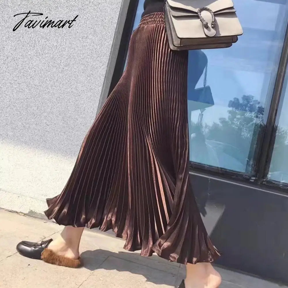Elegant Pleated Skirts Women Autumn High Waisted Stright Long Skirts Femme Streetwear Black Elastic A-line Skirt