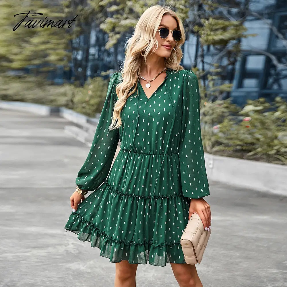 Elegant Polka Dot V-Neck Sexy Waist Dress Women Summer Dresses New Full Lantern Sleeve Ruffle Hem A-Line Mini Dress