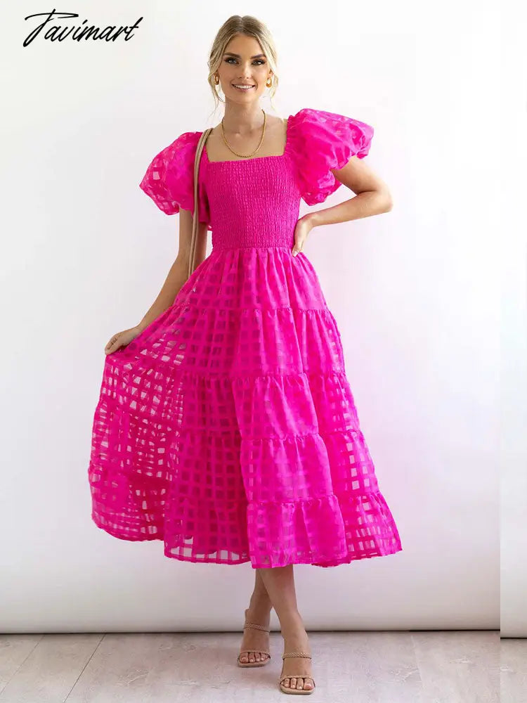 Elegant Solid Color One-shoulder Bubble Sleeve Tie Waist Dress Women Summer Beach Wear Sexy Hollow Out Maxi Dresses A2654