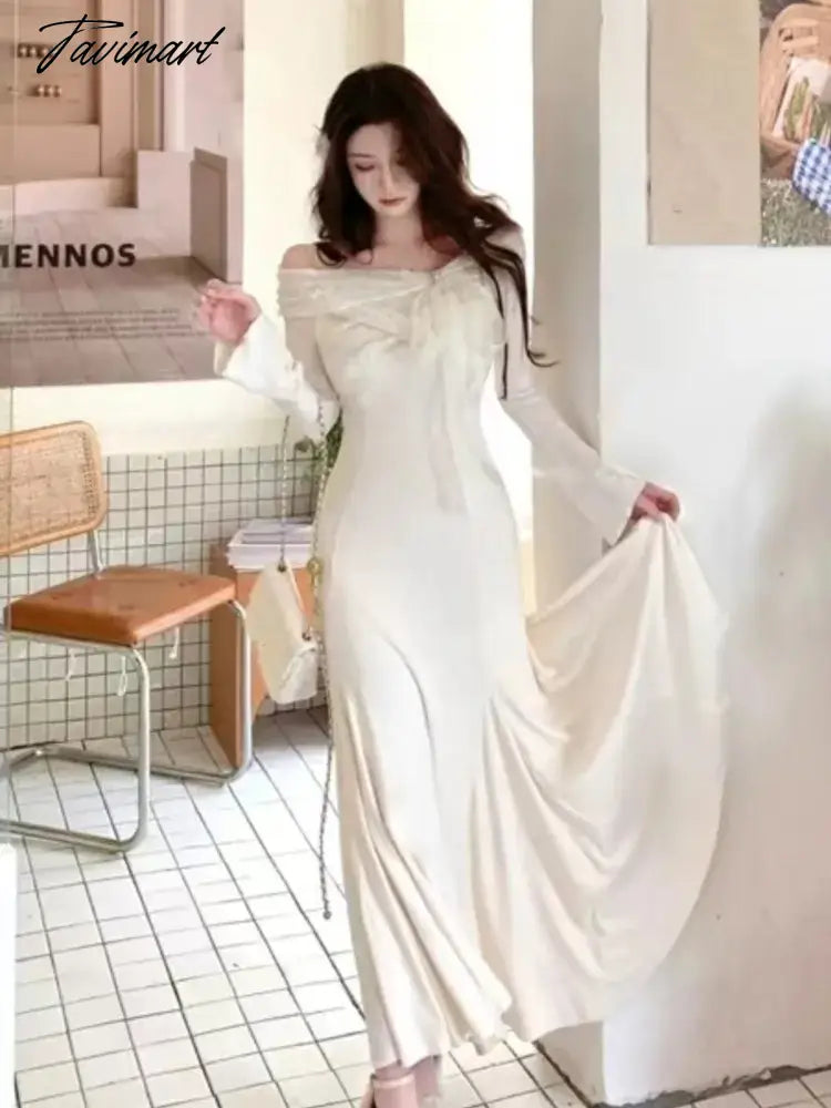 Elegant Solid Maxi Dress Women Long Sleeve Off Shoulder Lace Up Slim Mermaid Autumn Winter Wedding Party Vestidos Robe Mujer New