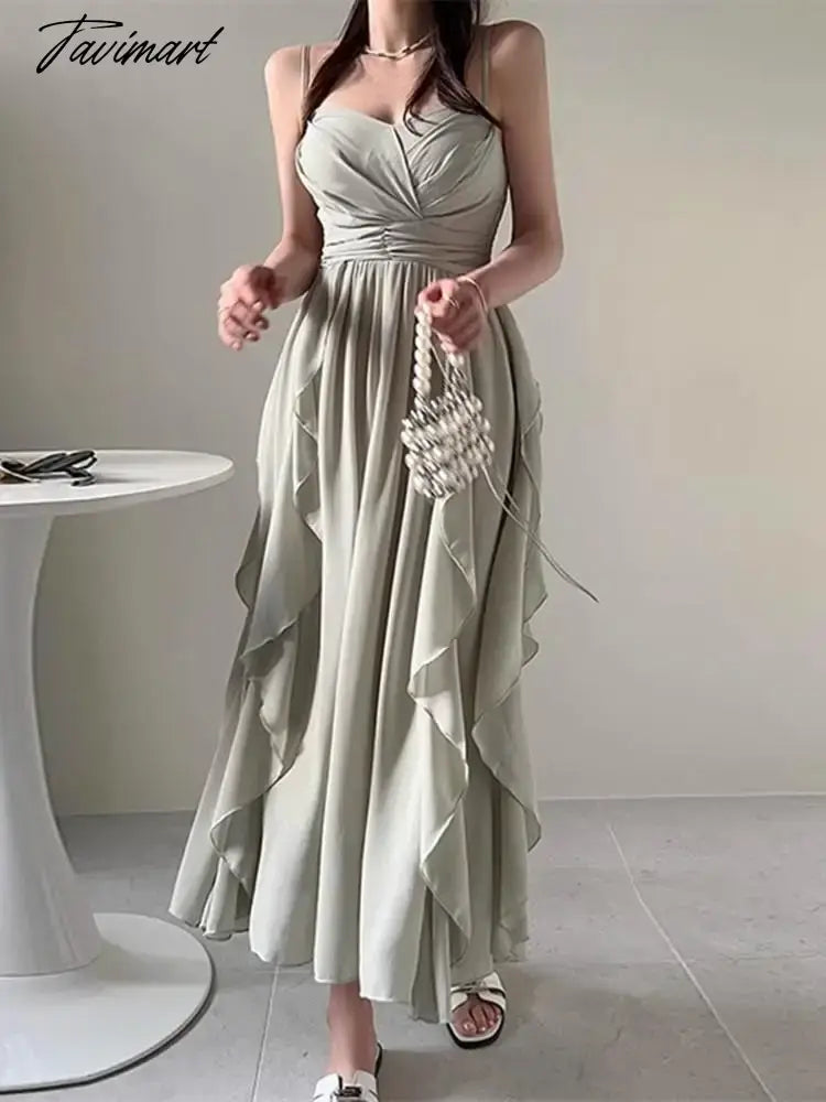 Elegant Spaghetti Strap Fold Tierred Ruffles Dresses For Women Summer Off Shoulder Slim Waist Party Dress
