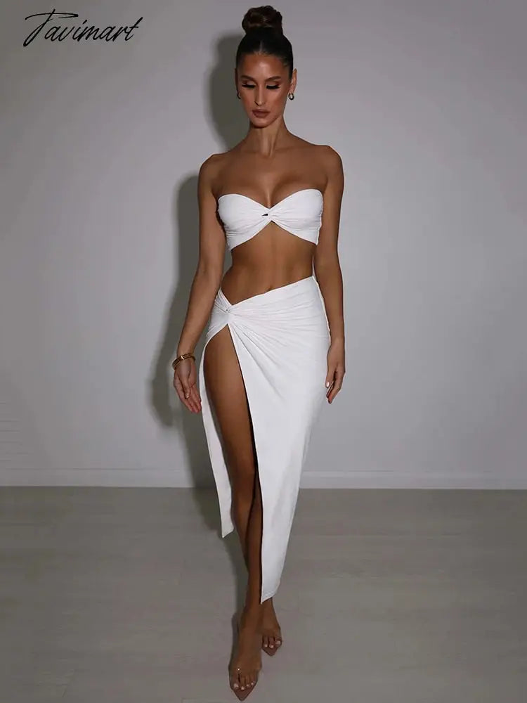 Elegant Strapless Sexy Two Piece Set Dress Sets Women Party Sleeveless Crop Top And High Split Skirt Matching Sets Dresses