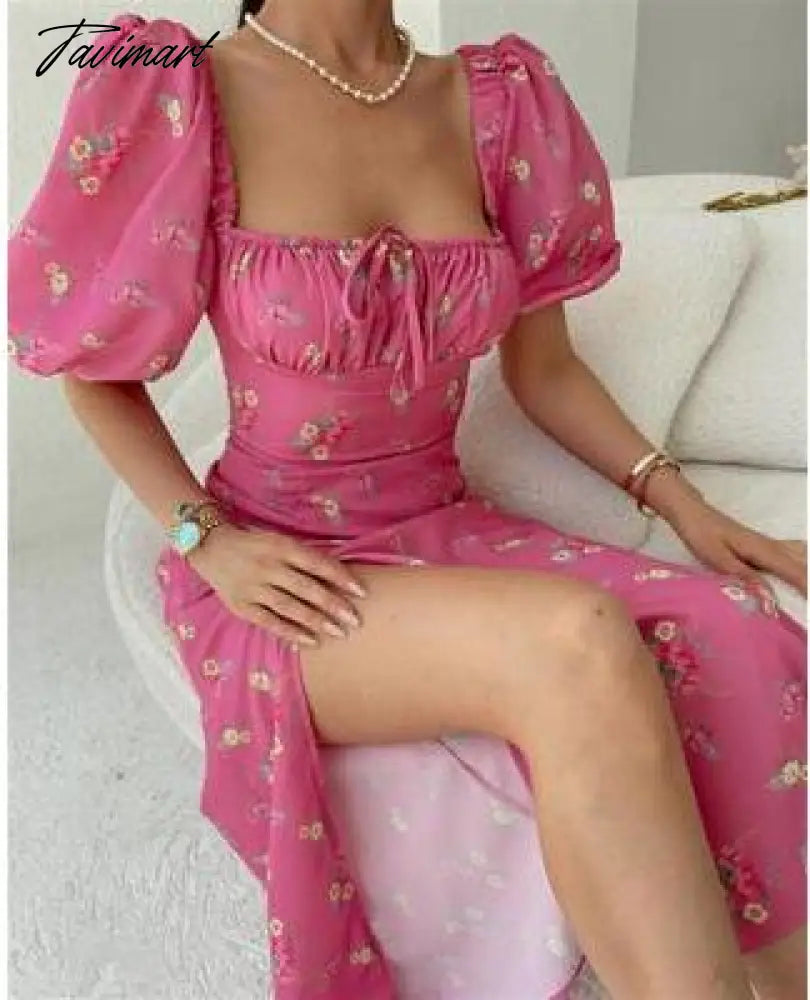 Elegant Sweet Floral Print Dress for Women Summer Dresses New Strapless Short Puff Sleeve Slim Hem Slit Maxi Dress