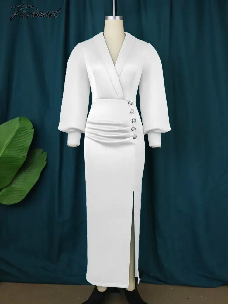 Elegant Woman Long Dress Notched Neck Button Down Slit Dress Spring Fall Classy Slim Office Lady Modest Party Club Casual Wear