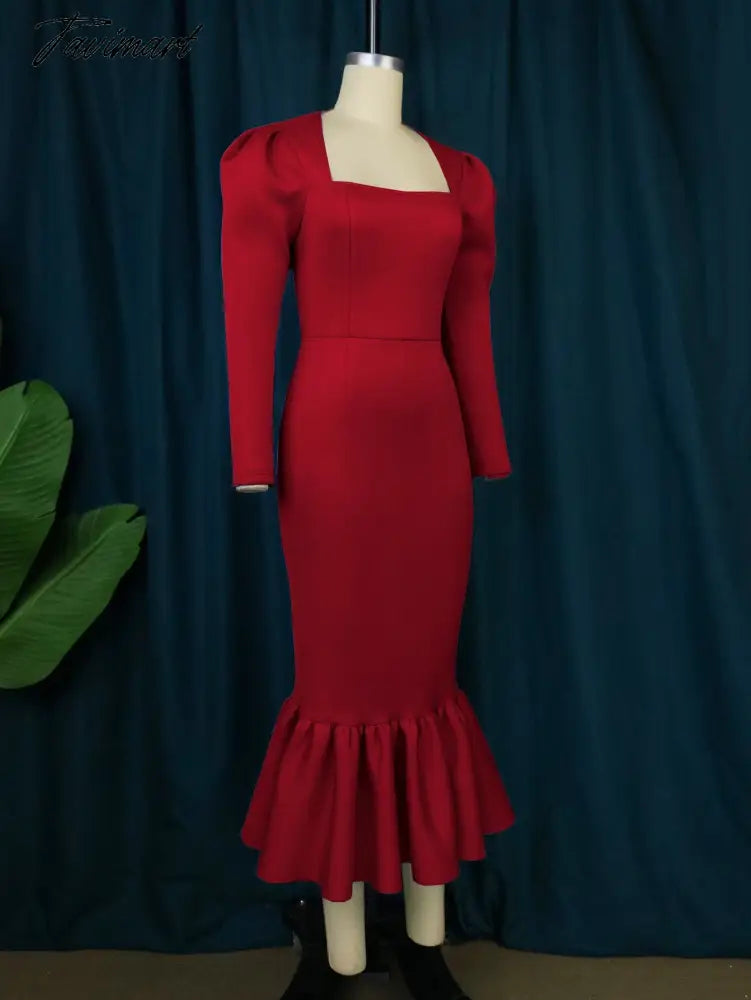 Elegant Women Red Party Modest Dress Long Sleeve Square Neck Puff Sleeve Sheath Mermaid Dresses for Birthday Evening Night Out
