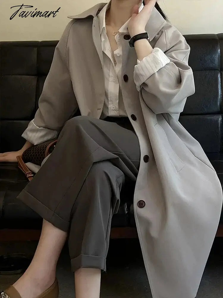 Elegant Women Trench Long Sleeve Korean Fashion Vintage Jackets Loose Casual Lapel Solid Versatile New Autumn Winter Coats