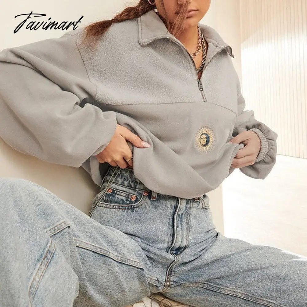 Embroidery Women Hoodie Turn Down Collar Solid Zipper Pullover Hoodies Casual College Style Female Long Sleeves Tops Autumn