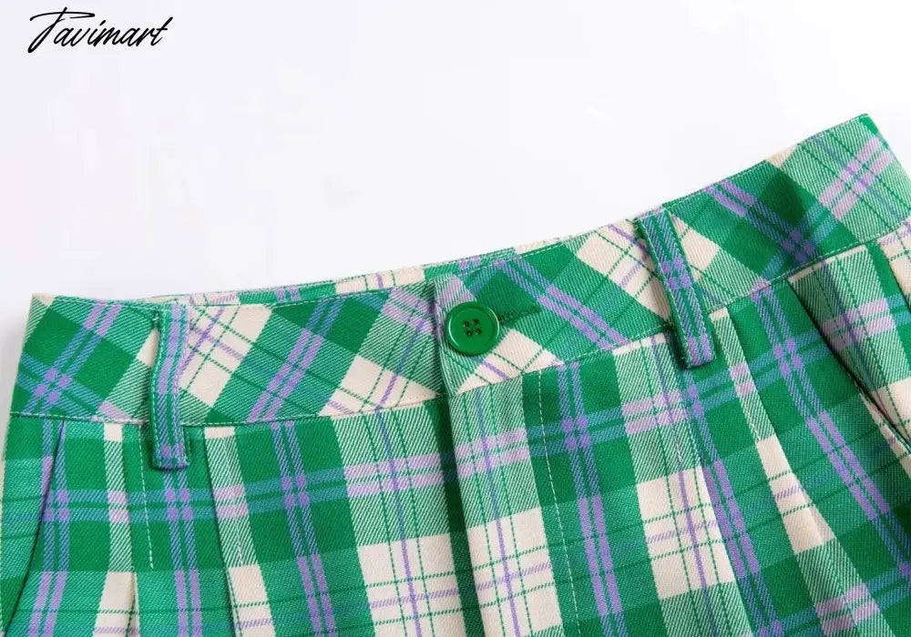 England Style High Street Vintage Green Plaid High Wasit Straight Harem Pants Women Casual Trousers