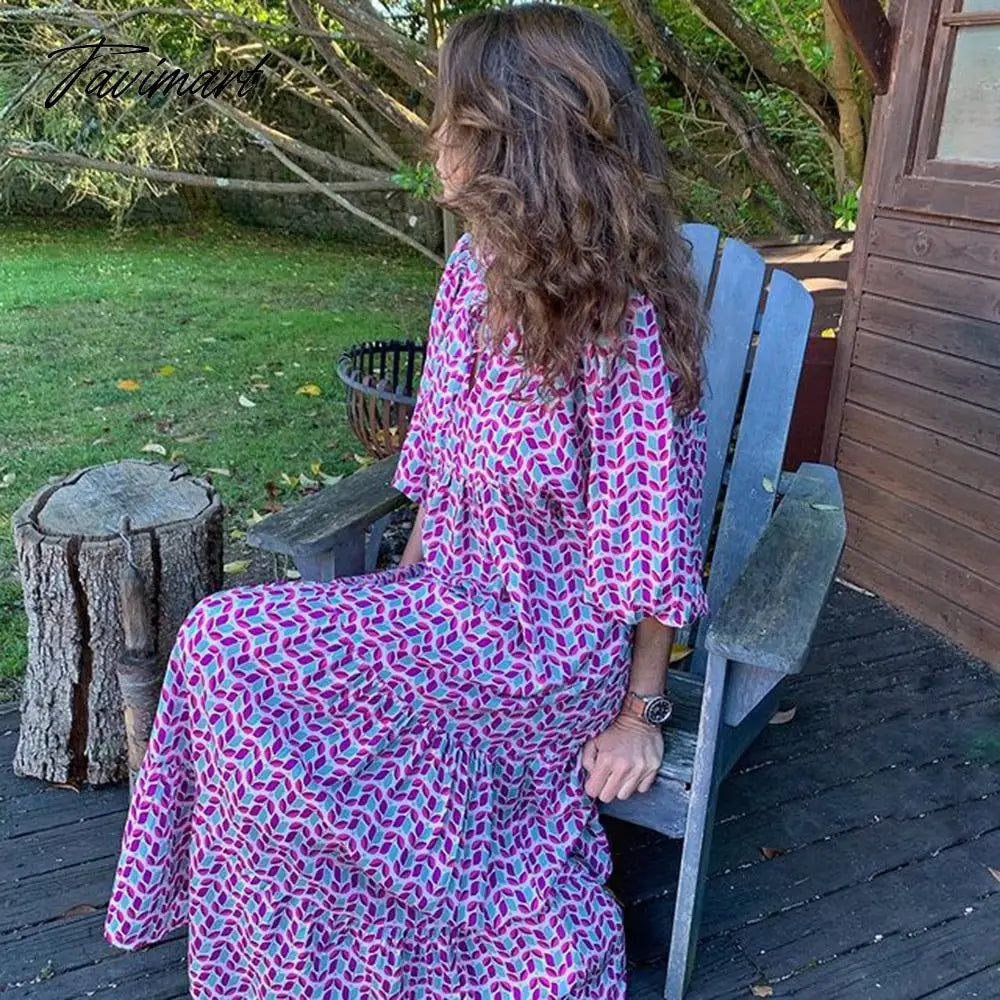 Europe And The United States Autumn New Women's Retro Street Large Size Women's Geometric Print Bubble Sleeve Dress Female