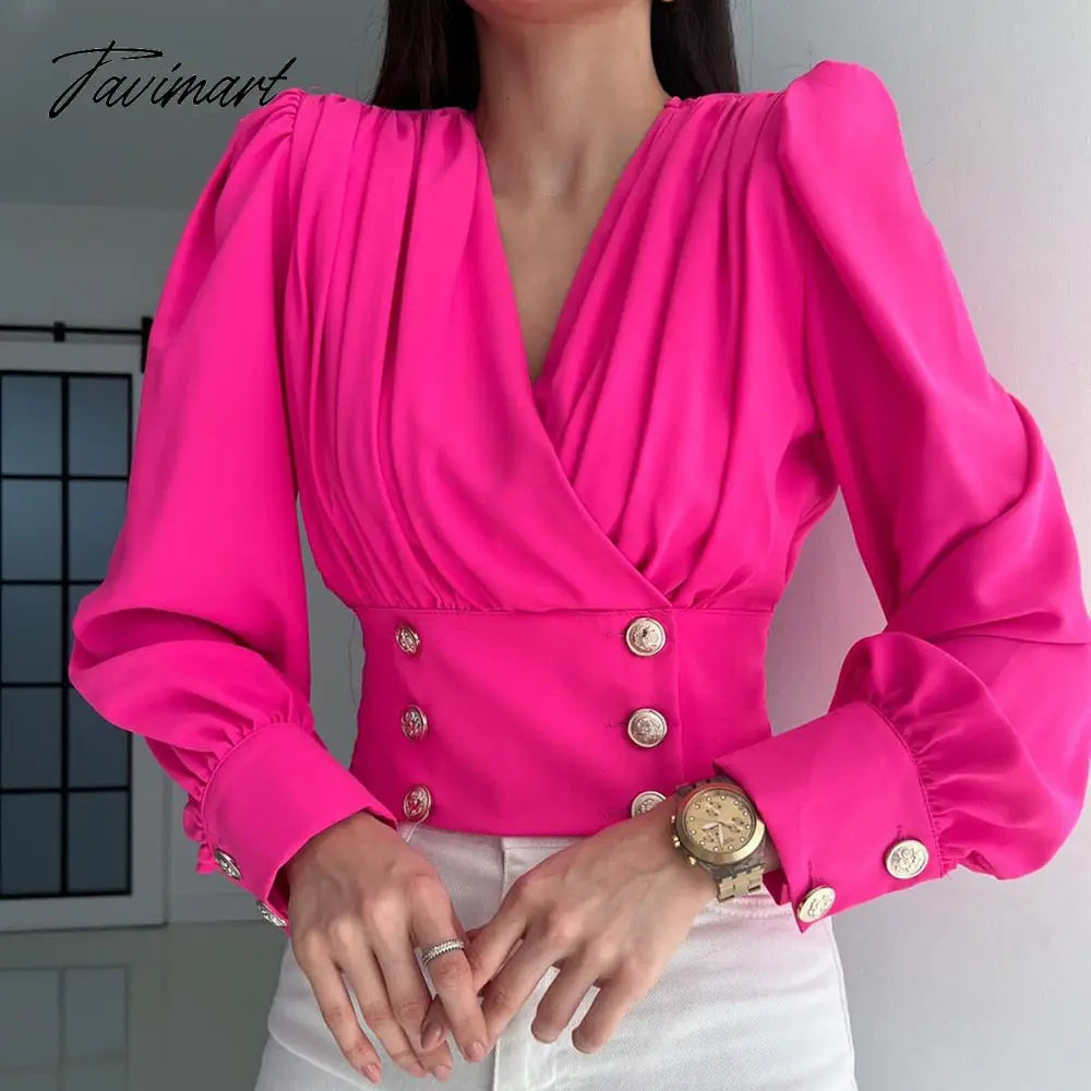 Europe And The United States New Women's V-Neck Sexy Long Sleeved Short Waist Bubble Sleeve Solid Color Pleated Shirt Female