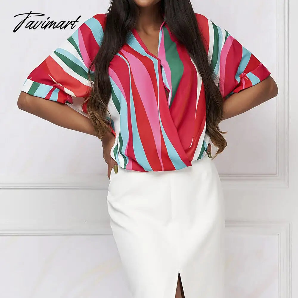 Europe And The United States Summer Women's Geometric Casual Loose Short Sleeved Shirt Female Striped Print Pullover Top Shirt