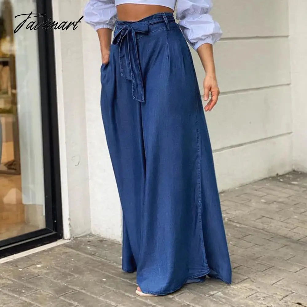 European And American Summer New Elegant Tie High Waist Wide Leg Pants Casual Loose Large Size Denim Trousers Women