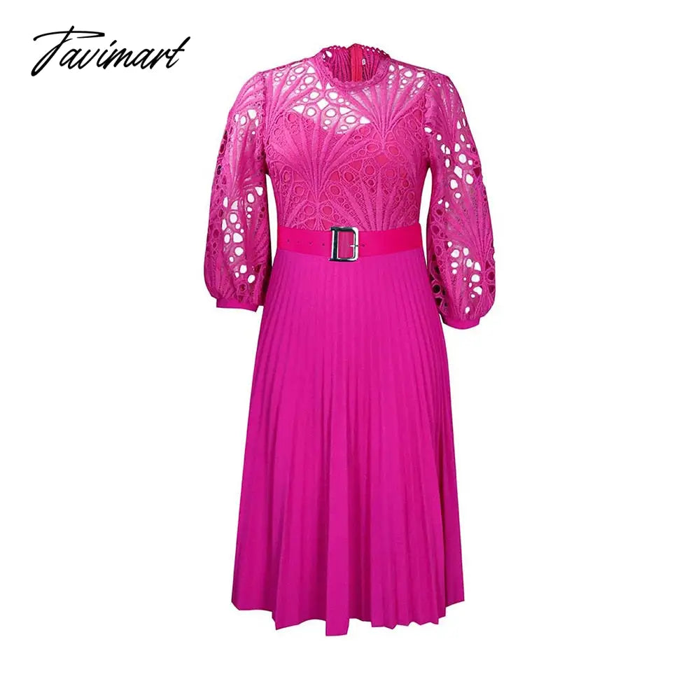 European And American Summer New Women's Fashion Lace Sexy Loose Hollow Pleated Belt Dress For Women