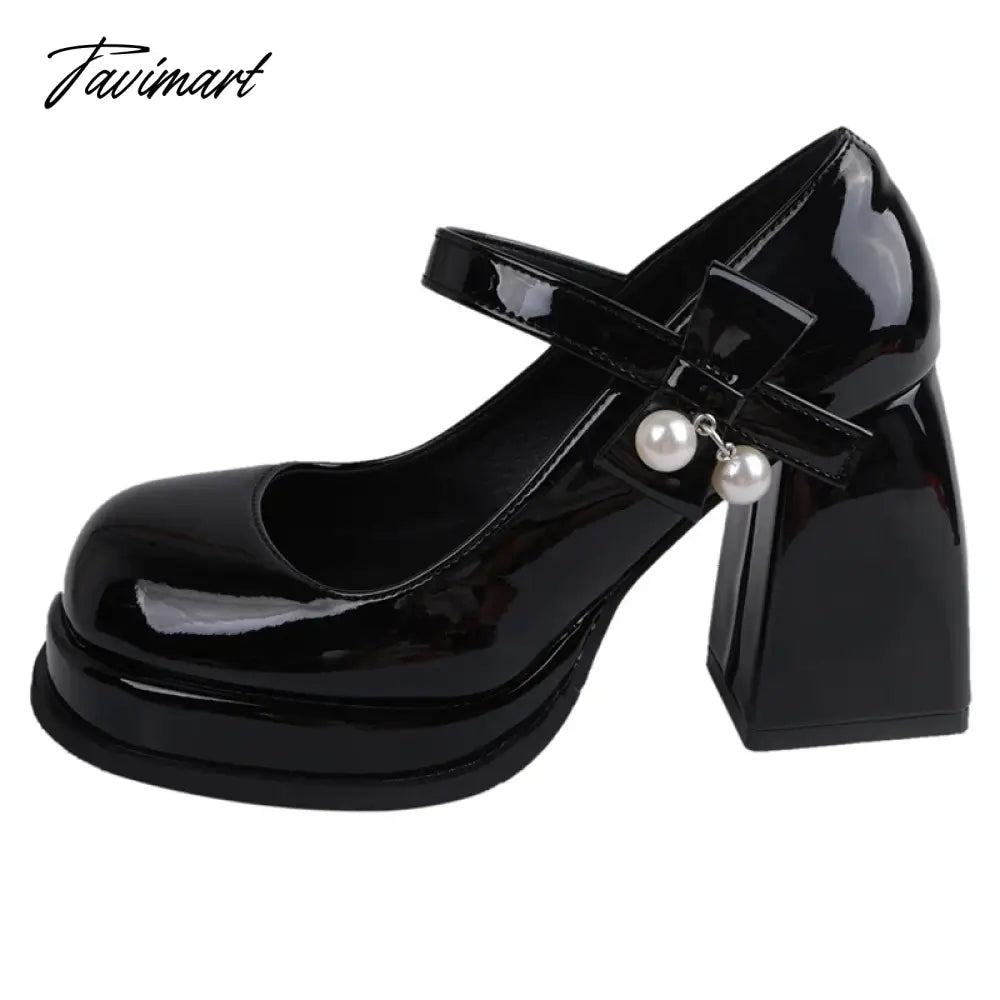 Fashion Black White Platform Pumps for Women Bowknot Strap Thick Heels Mary Jane Shoes Woman Sweet High Heel Party Shoes Ladies