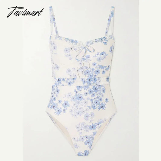 Fashion Floral Print One Piece Swimsuit Women's Fitness Suit White Seamless Backless Tight Lace Stripe Cutout Swimwear