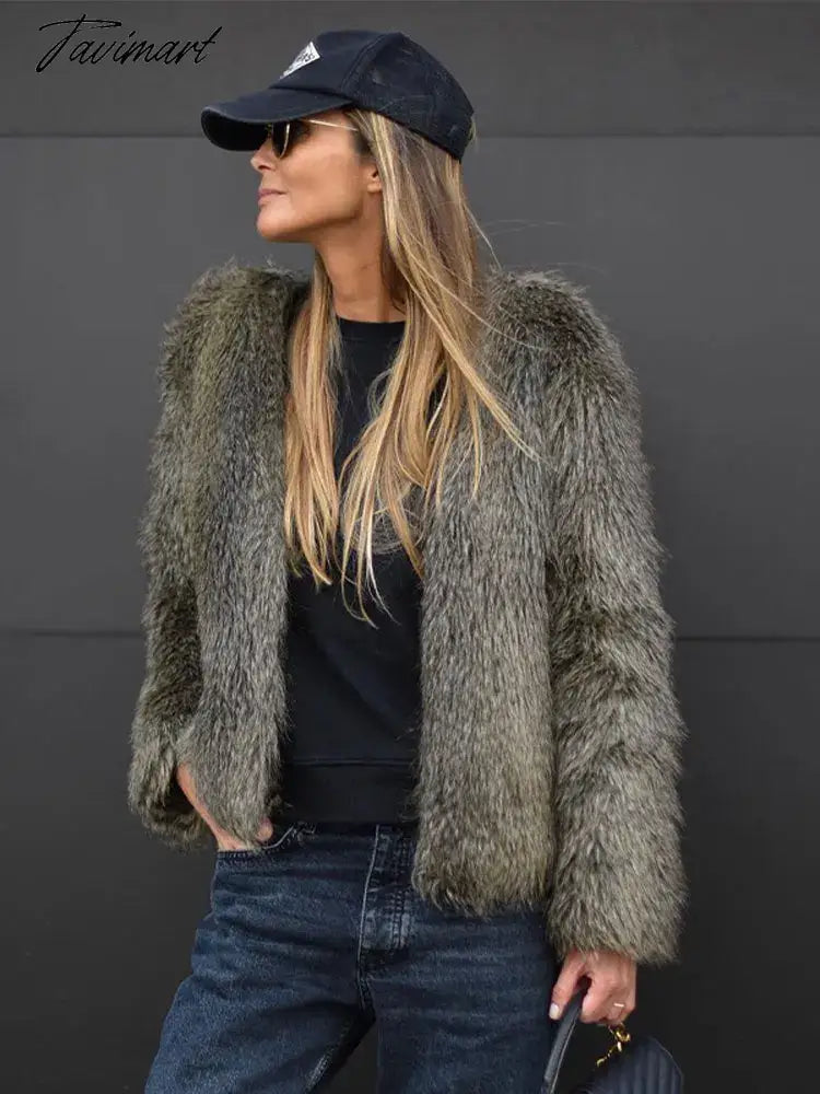 Fashion Thicken Short Faux Fur Jacket For Women Chic V Neck Long Sleeved Plush Cardigan Winter Female Elegant Warm Coat