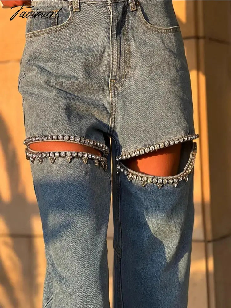 Fashion Trendy Hot Diamond Design Loose Blue Distressed Relaxation of Tall Waist Wide Legged Pants Autumn/Winter Women's Jeans