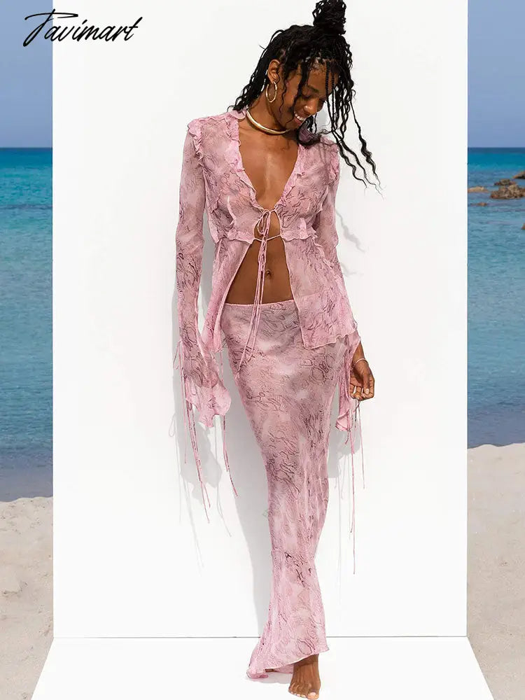 Fashion Y2K Wood Ear Edge Straps Printed Chiffon Top Long Sleeves Summer Women High Waist Dress Set Bikini Cover-ups A2586