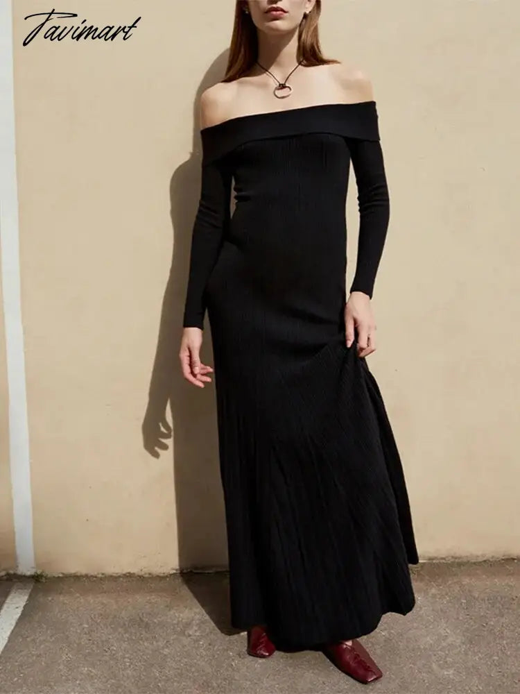 Female Fashion Chic Solid Strapless Maxi Dresses Elegant Off Shoulder Long Sleeve Dress Autumn Ladies Party Club Robes