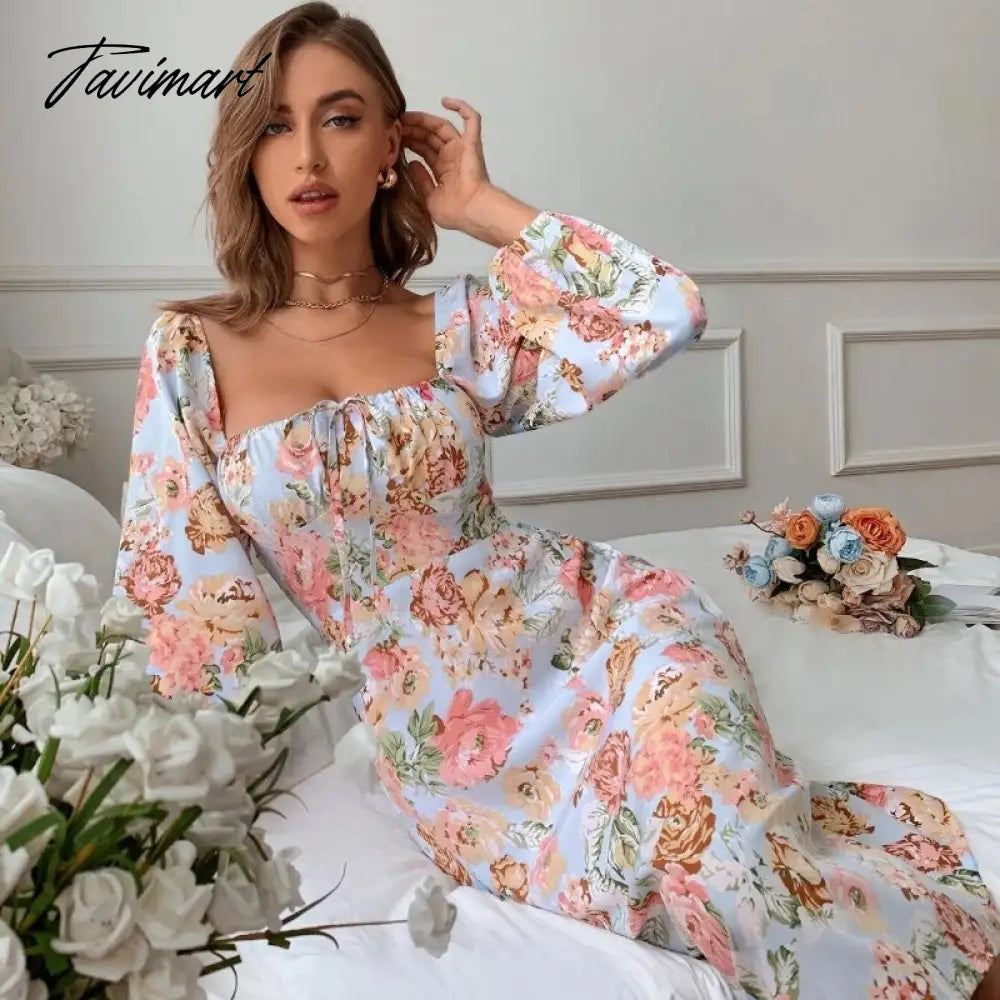 Female Long Sleeve Floral Backless Elegant Dresses for Women Square Collar Lace Up Puff Sleeve Sexy Dress