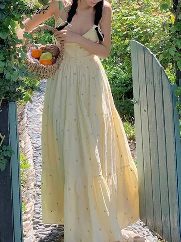 Floral Dresses for Women Sleeveless Streetwear French Style Dress Sweet Bow Midi Spaghetti Strap New Spring Summer Dress