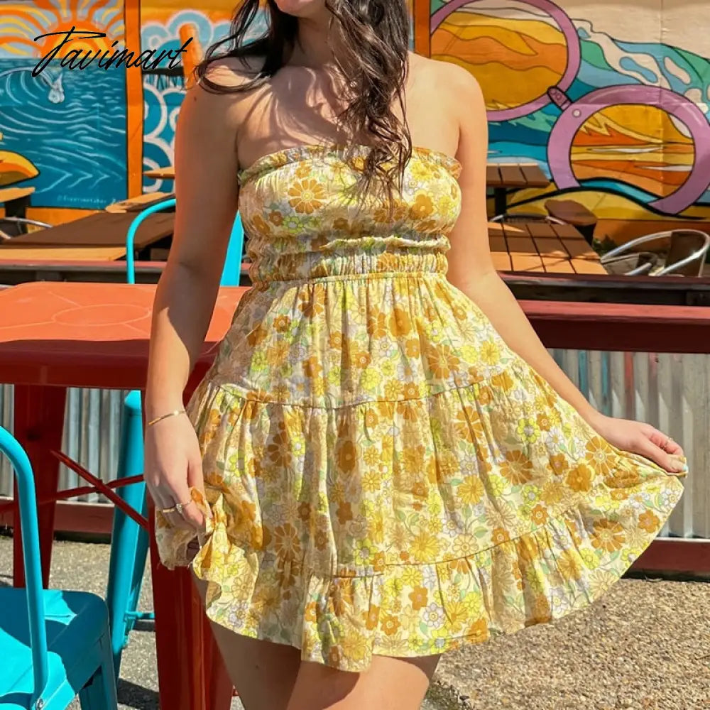 Floral Print Backless Mini Dress with Ruffle Trim Boho Beach Holiday Strapless Tube A-line Dress Women Club Party