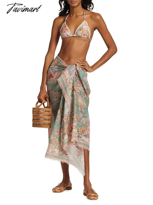 Floral Print Fashion One Piece Bikini and Cover Up Women's Bandage Separate Bandeau Swimsuit Thong Underwear Bra Luxury