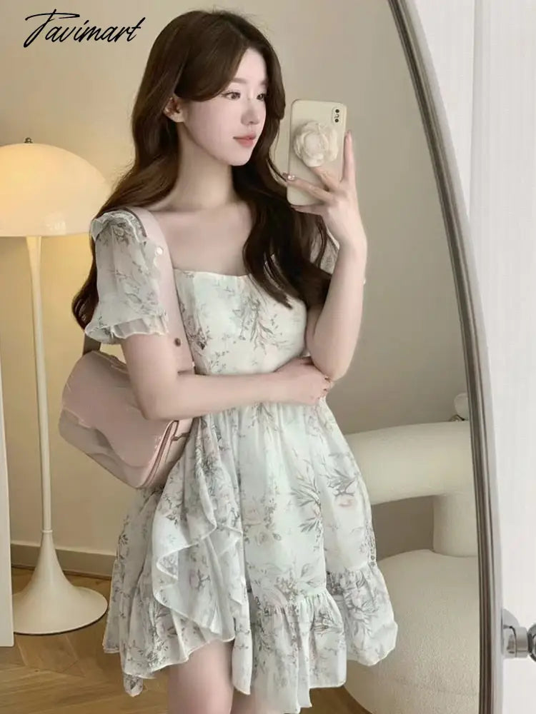 Floral Print Vintage Sweet Dress Women Ruffles Korean Fashion Party Mini Dress Female Holiday Causal Designer Dress Summer