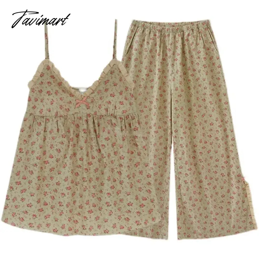 Floral Trouser Suits Pajamas Woman Summer Home Wear 2 Pieces Sleep Tops + Pants Long Sleeve Nightie Pijamas Nightgown