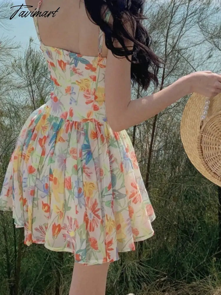 Flower Print Sundress Summer Spaghetti Straps High Waist A-line Mini Dresses Beachwear Holiday Print Short Dress Korean Vestidos