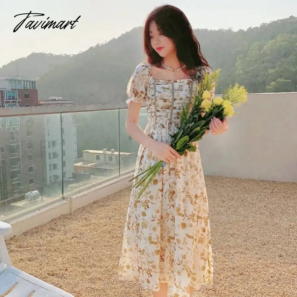 France Floral Print Dress Women Summer Elegant Party Midi Dress Casual Puff Sleeve Holiday Lady Dedigner Chic Korean Dress
