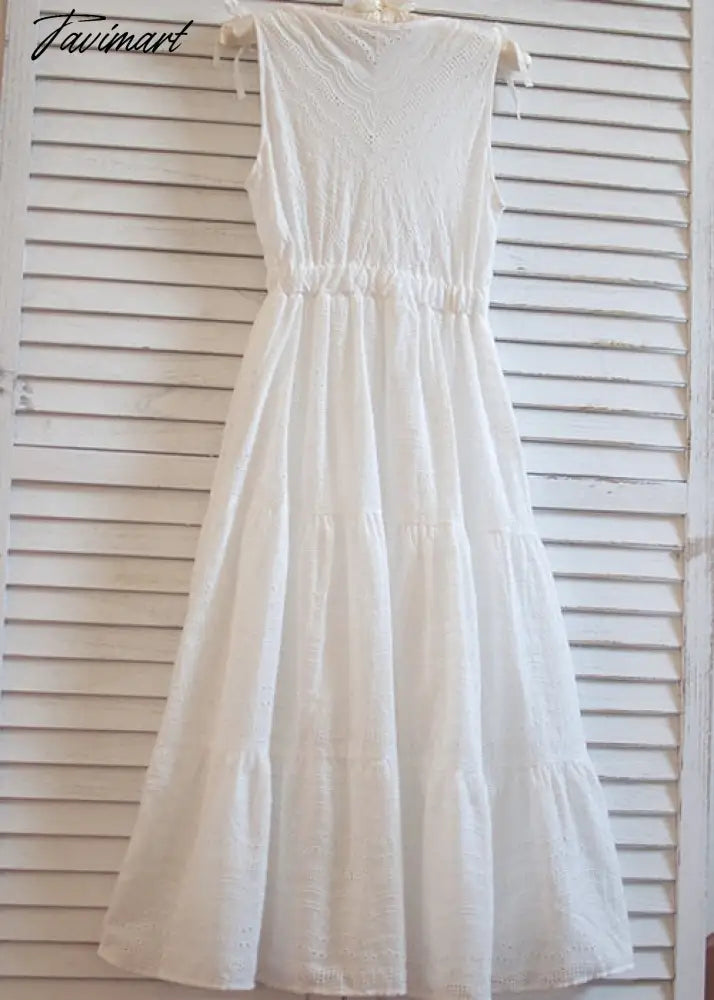 Free Shipping High Quality New Lace Cotton Embroidery Dress Summer Long Mid Calf Sleeveless White Dress Japan Style V-neck