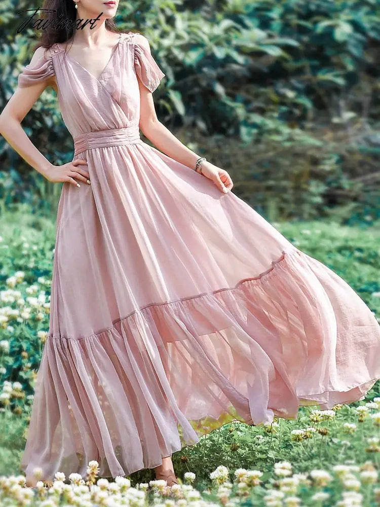 Free Shipping Women Boshow Long Maxi Short Sleeve Dress Summer Chiffon Big Hem V-neck Pink Ruffles High Waist