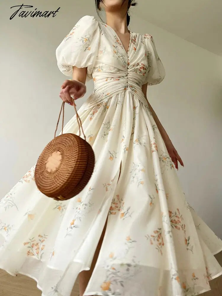 French Elegant Floral Dress Women Summer Short Sleeve Even Party Midi Dress Beach Chiffon Casual Fashion Dress Office Lady