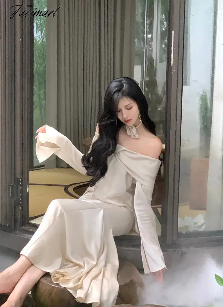 French Satin Two Piece Set for Women Autumn New Long Sleeves Top High Waist Fishtail Skirt Elegant Luxury Female Clothing Suit