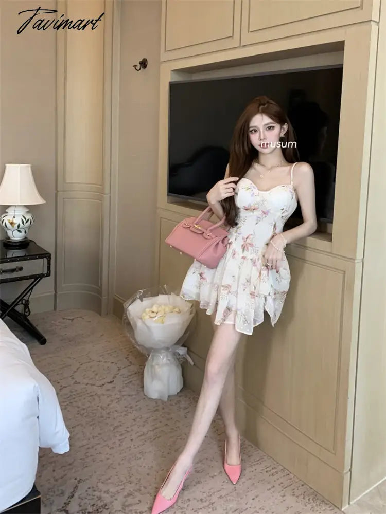 French Sexy Spicy Girl Slim Cut Floral Suspender Dress Summer Women's Clothing Waist Shows Thin Temperament A-line Skirt
