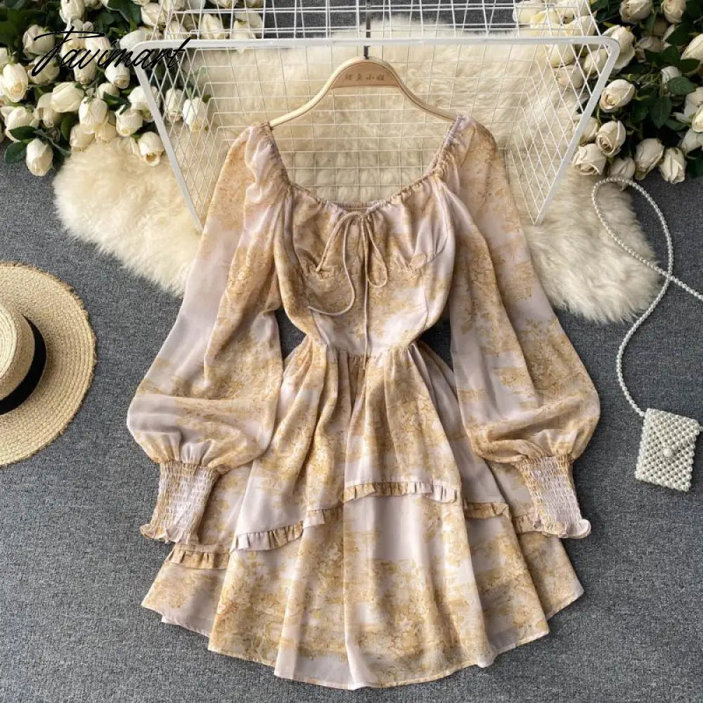 French Style dress high-end temperament square collar lace-up niche Puff sleeve dress For Women