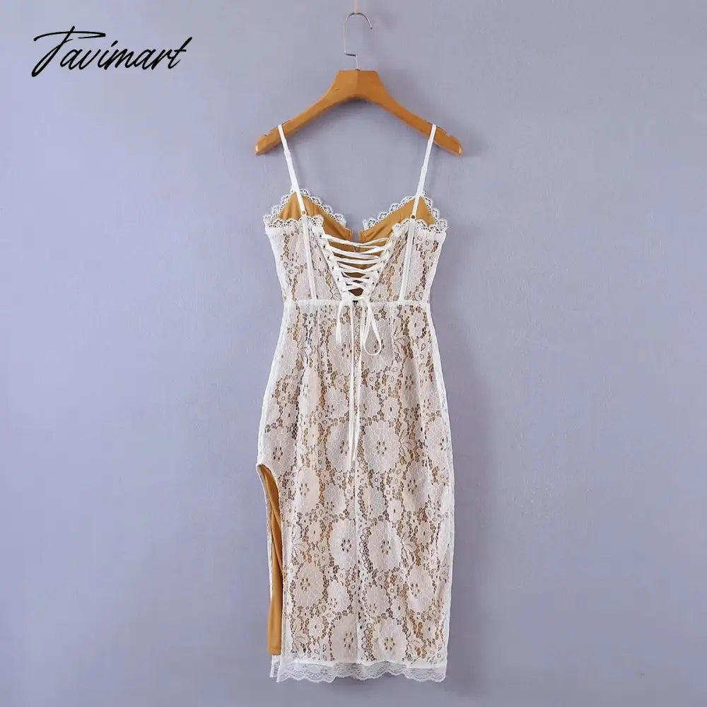 French Style Fashion Elegant Lace Splicing Sexy Forking Sheath Mini Dress Casual Suspender Dress Women