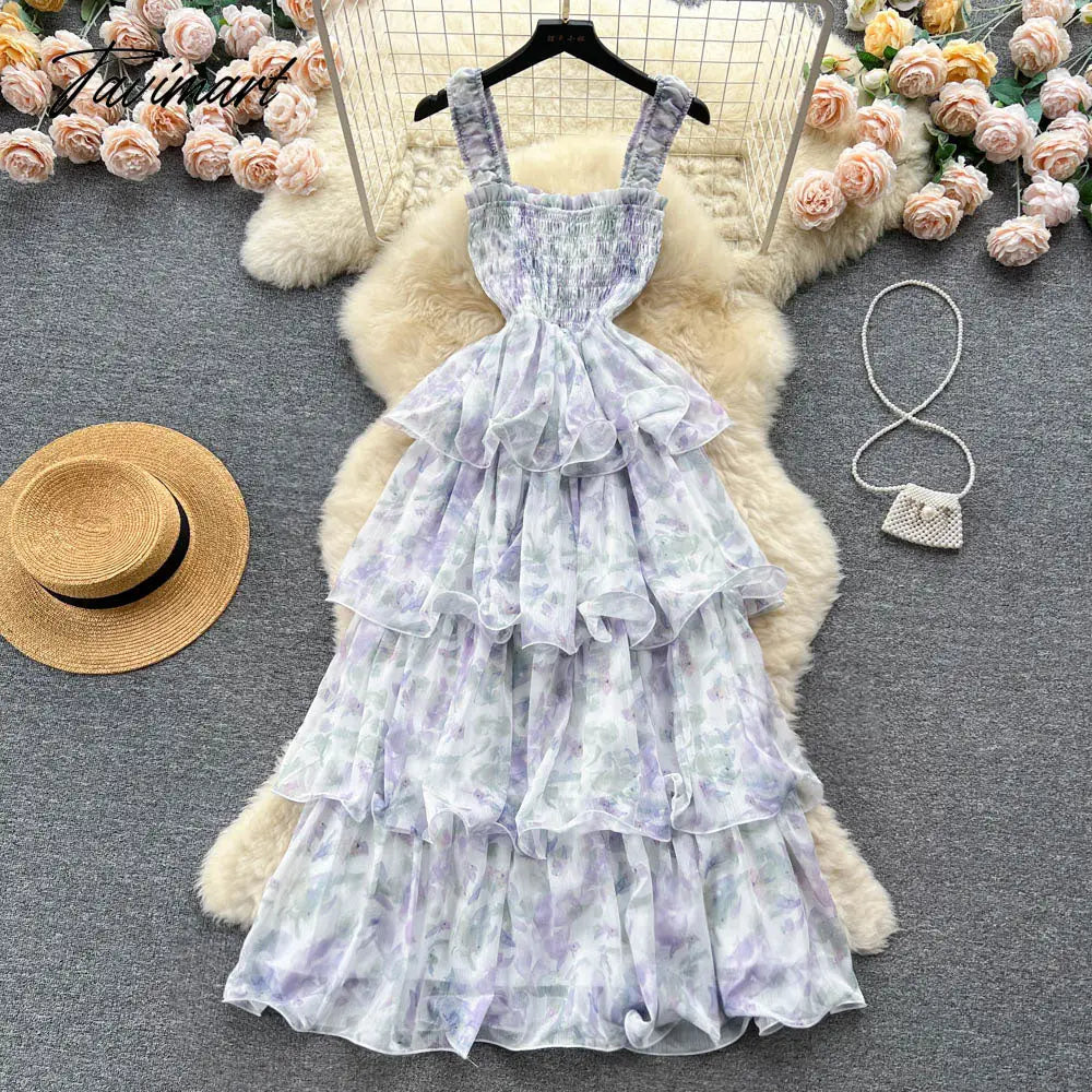 French Style Floral Halter Dress Summer Chic Super Fairy Elastic Waist Cake Dress