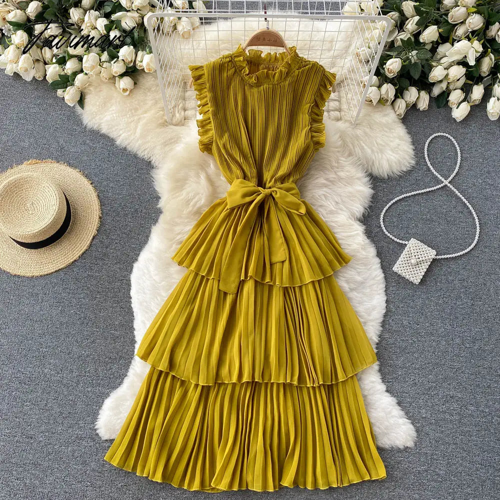 French Style Sweet Pleated Wood Ear Edge Collar Lace-Up Slim-Fit Peplum Edge Chiffon Cake Dress