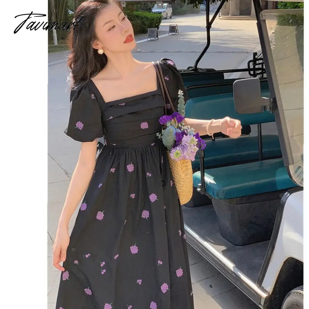 French Vintage Embroidered Flower Summer Dress Women's Elegant Puff Short Sleeve Square Neck A-Line Long Dress Robe