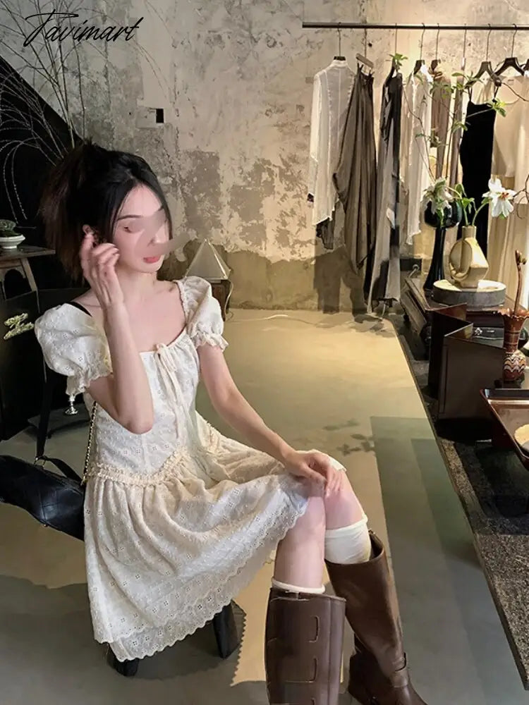 French Vintage Mini Dress Women Puff Sleeve Kawaii Lolita Dress Evening Party Elegant Dress Female Beach Style Summer