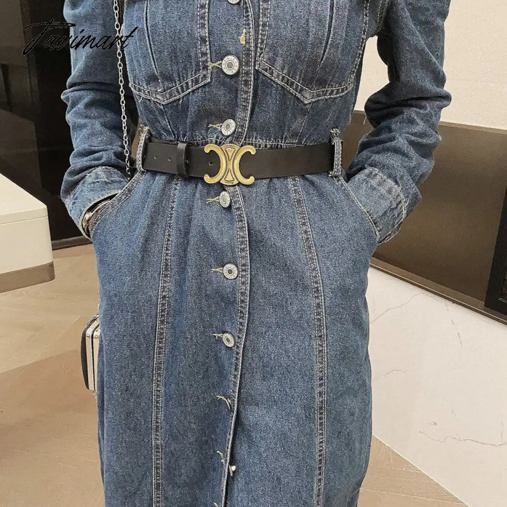 Gaun Panjang Denim Musim Gugur Wanita Kasual Kerah Lengan Panjang Koboi Panjang Vestidos Korea Elegan Kerja Ol Jeans Gaun